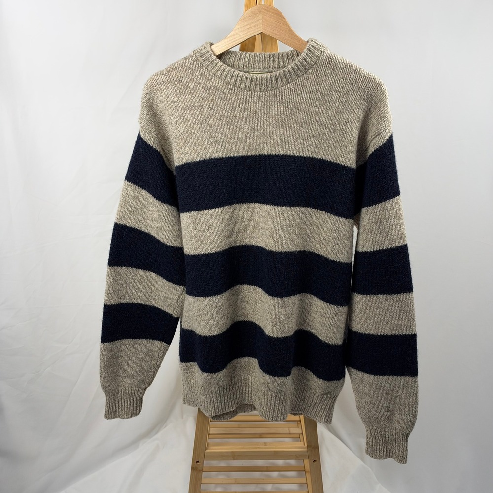 LL Bean Wool Blend Navy and Oatmeal Striped Sweater Mens L Long Vintage Made USA